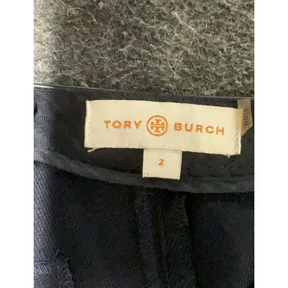 Tory Burch Black Wool Blend Straight Leg Dress Pants Leather Trim Size 2